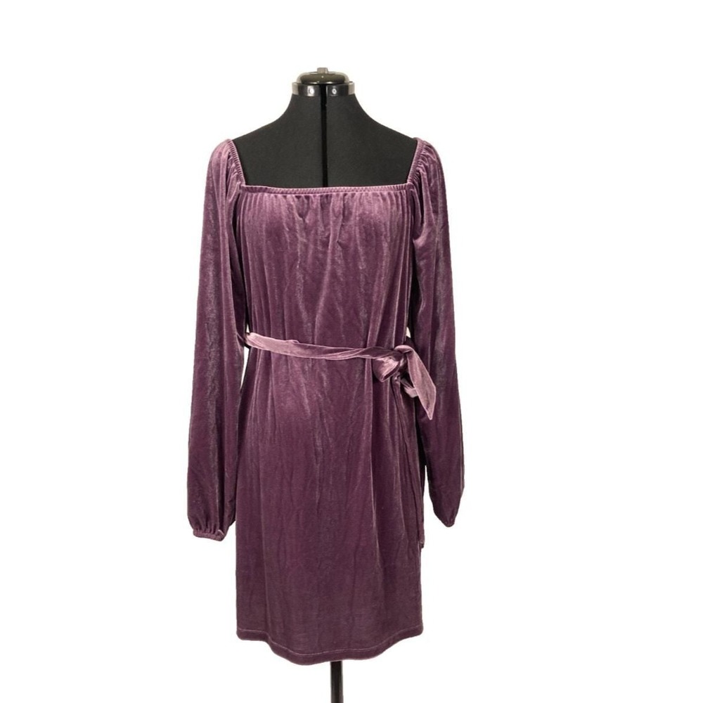 XL And Now This purple belted tie Velvet midi fit and flare dress long sleeve